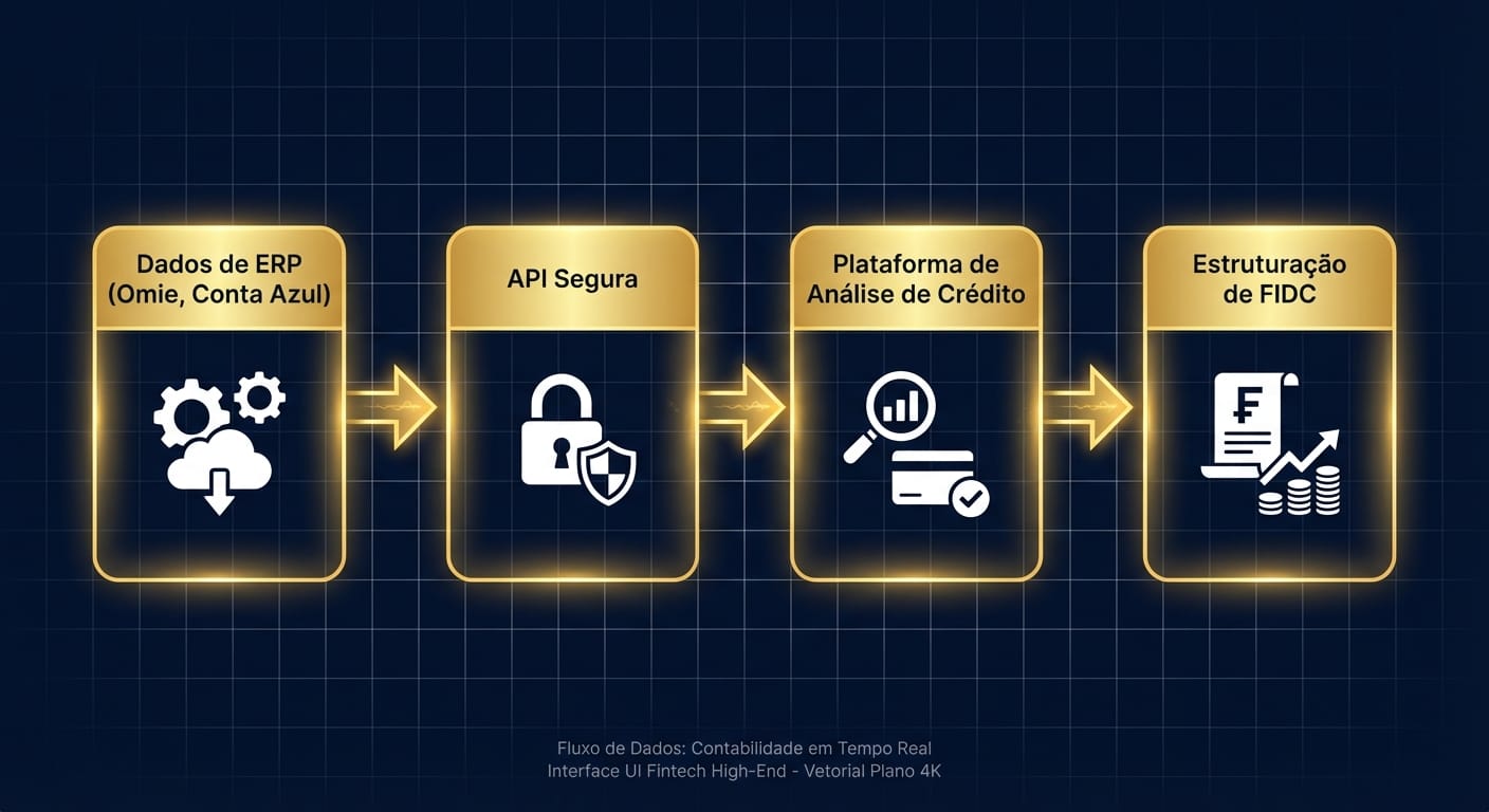 Fluxograma ilustrando o fluxo de dados do 'Real-Time Accounting', começando com 'Dados de ERP (Omie, Conta Azul)', passando por 'API Segura', 'Plataforma de Análise de Crédito' e terminando em 'Estruturação de FIDC'.