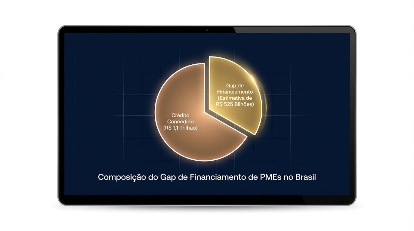 Gráfico de pizza mostrando o Gap de Financiamento de PMEs no Brasil, com fatias para 'Crédito Concedido (R$ 1,1 Trilhão)' e 'Gap de Financiamento (Estimativa de R$ 525 Bilhões)'.