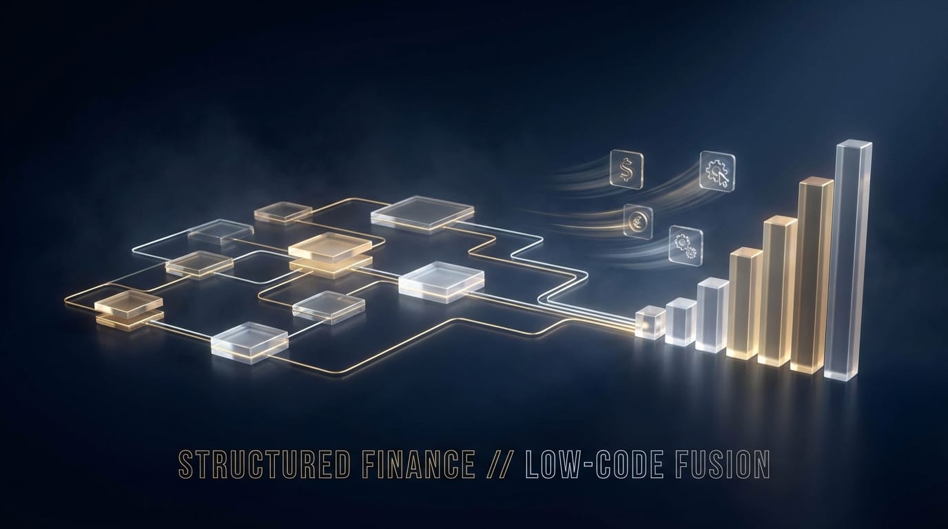 Imagem conceitual representando a fusão de finanças estruturadas e tecnologia Low-Code, com um diagrama de fluxo de dados se transformando em um gráfico de crescimento financeiro.