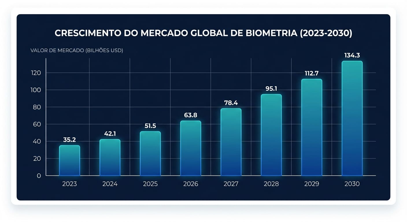 Gráfico de barras mostrando o crescimento do mercado global de biometria de US$ 54,98 bilhões em 2023 para uma projeção de US$ 233,43 bilhões em 2030.