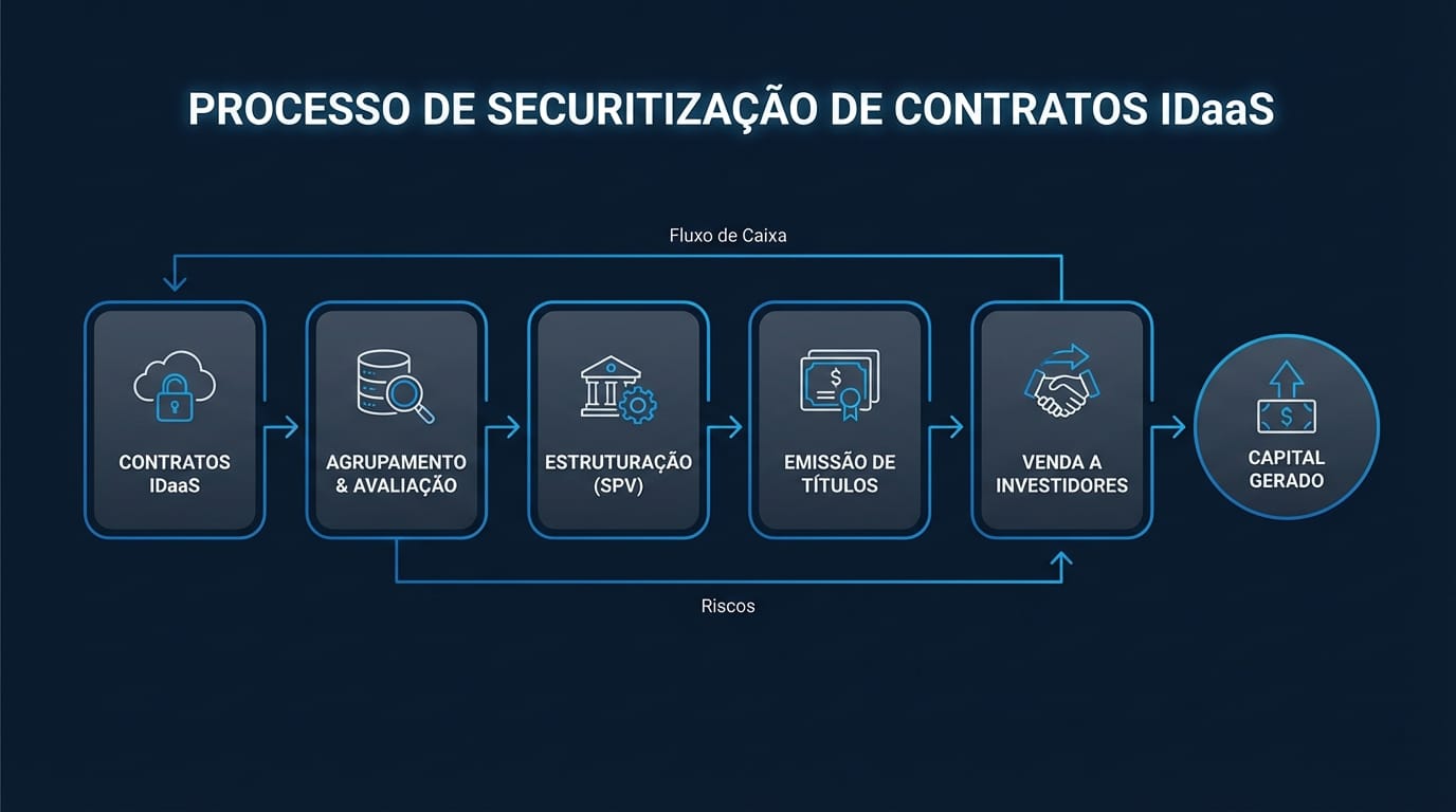 Fluxograma ilustrando a estrutura de um FIDC para contratos de IDaaS, mostrando o fluxo da empresa originadora para o FIDC, e deste para os investidores e de volta para a empresa como antecipação de recursos.