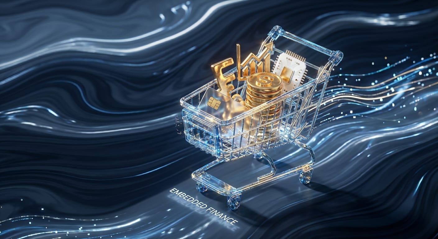 Representação abstrata e sofisticada do conceito de 'Embedded Finance', mostrando um carrinho de compras de e-commerce com ícones financeiros brilhantes (gráficos de crescimento, crédito, seguro) em um fundo de gradiente azul escuro e roxo com linhas de dados digitais, em estilo minimalista e corporativo.