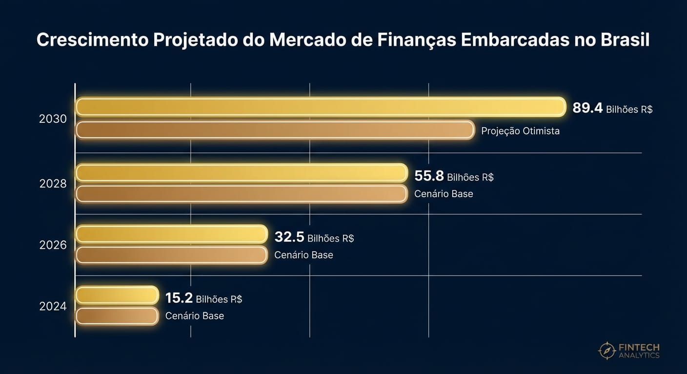 Gráfico de barras comparativo mostrando o crescimento projetado do mercado de Embedded Finance no Brasil, com o eixo X mostrando os anos '2022' e '2026' e o eixo Y mostrando a 'Receita (em R$ Bilhões)'. A barra de 2022 indica 'R$ 130 Bilhões' e a de 2026, 'R$ 270 Bilhões'.