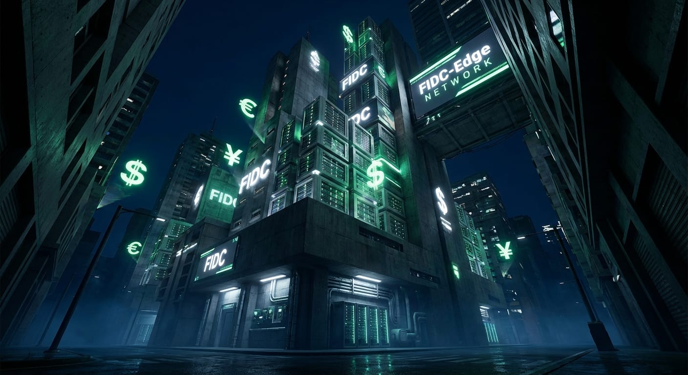 Imagem conceitual futurista representando a interseção de finanças (símbolos de FIDC) com a infraestrutura de Edge Computing em uma cidade inteligente.