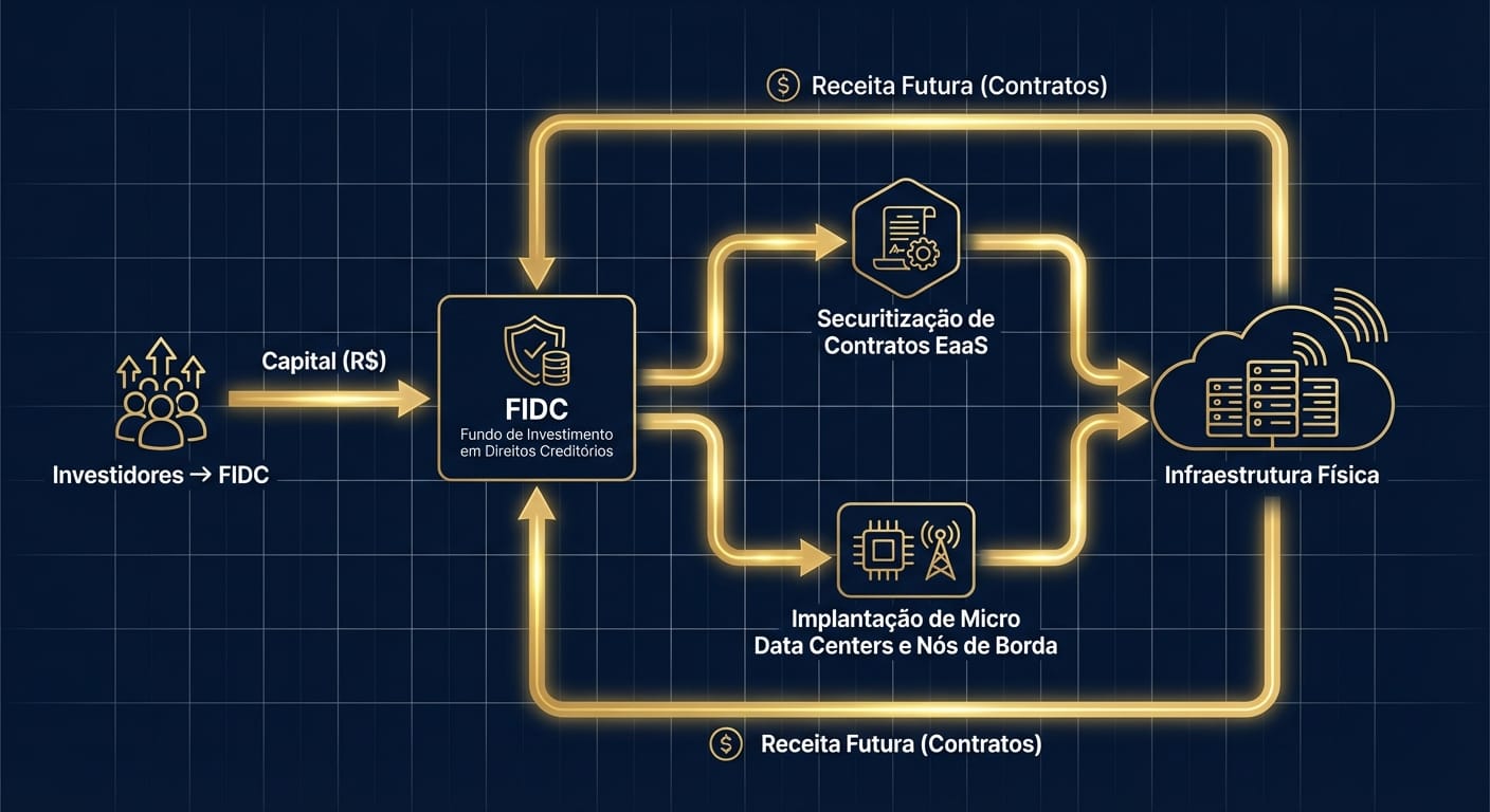 Diagrama de fluxo mostrando o capital de um FIDC financiando o CAPEX de infraestrutura de Edge através da securitização de contratos EaaS.