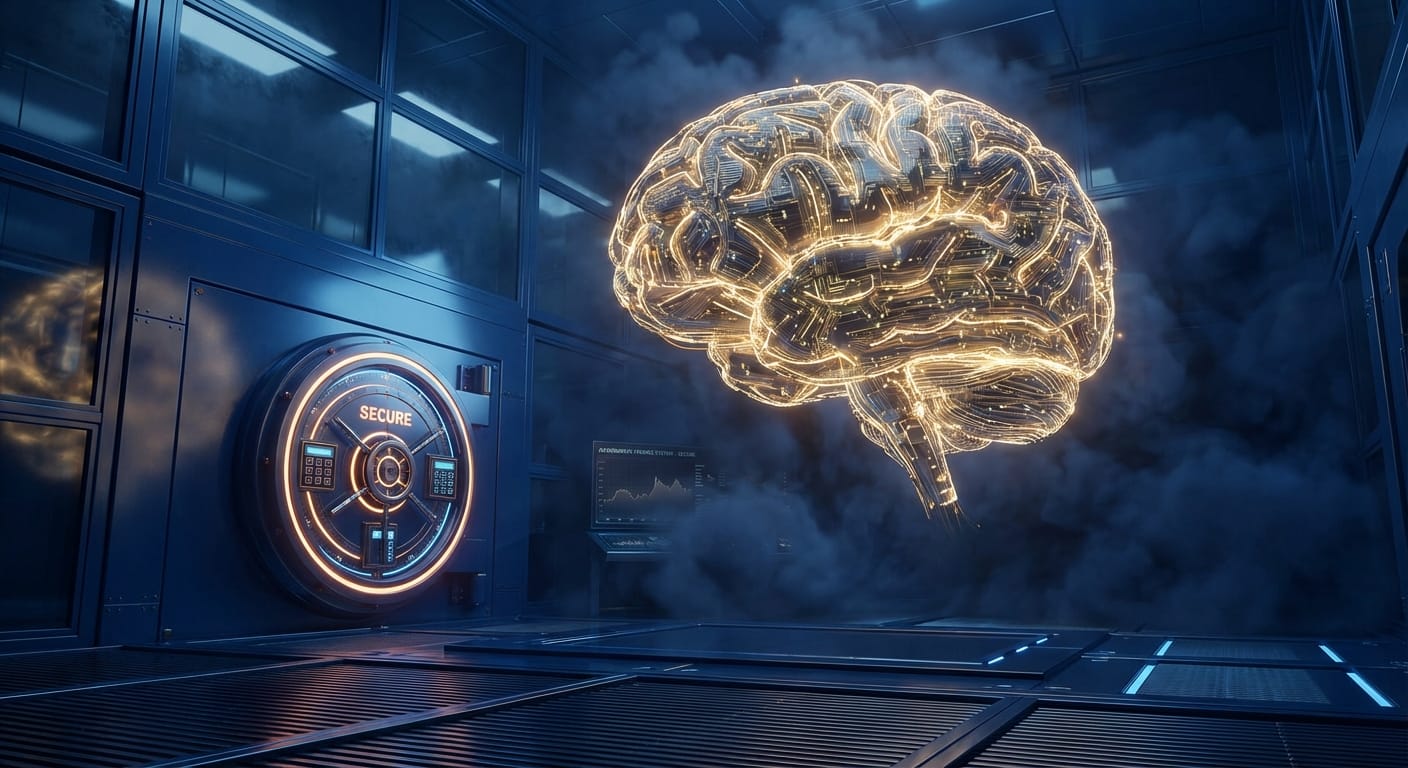 Representação abstrata de um 'cérebro' de dados digitais, feito de luzes e circuitos, operando no centro de um cofre de banco seguro e moderno, simbolizando inteligência autônoma e alta tecnologia no setor financeiro.