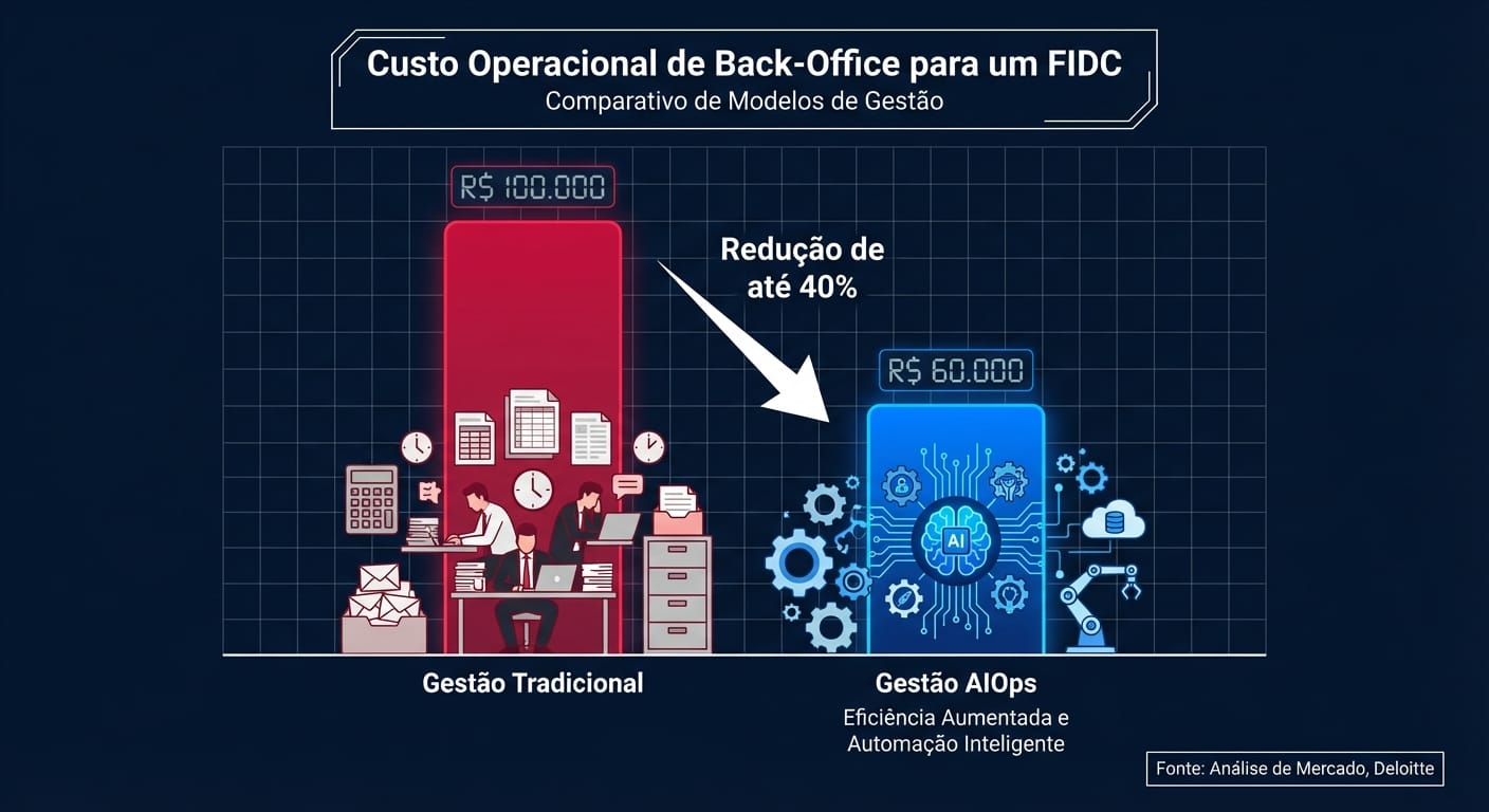 Gráfico de barras comparativo mostrando o 'Custo Operacional do Back-Office' de um FIDC. A barra 'Gestão Tradicional' é alta e vermelha, enquanto a barra 'Gestão com AIOps' é 40% menor e azul, destacando a redução de custos. Fonte: Análise de Mercado, Deloitte.