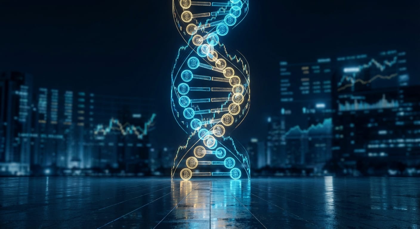 Fusão de biotecnologia e finanças, com uma dupla hélice de DNA estilizada composta por símbolos financeiros