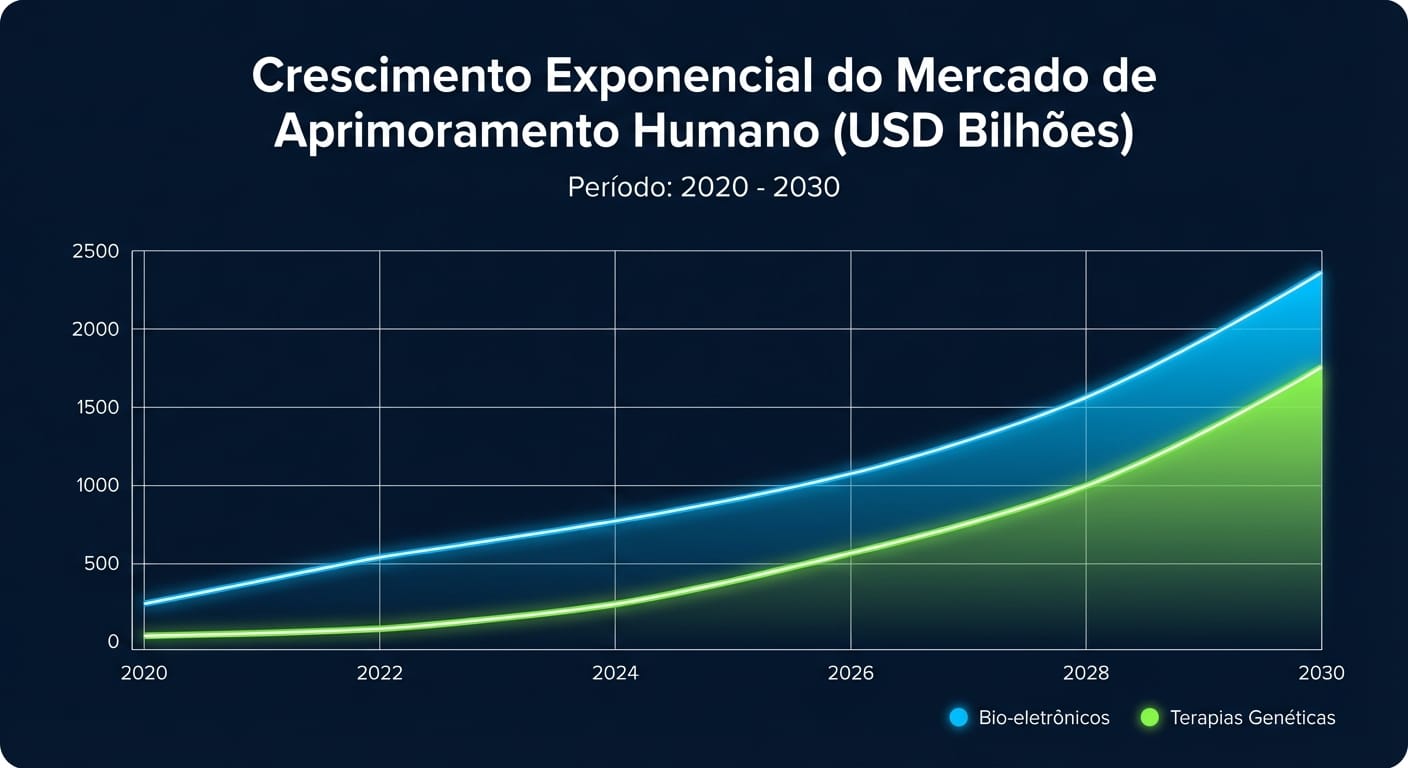 Gráfico de barras mostrando o crescimento exponencial do mercado de aprimoramento humano em bilhões de dólares