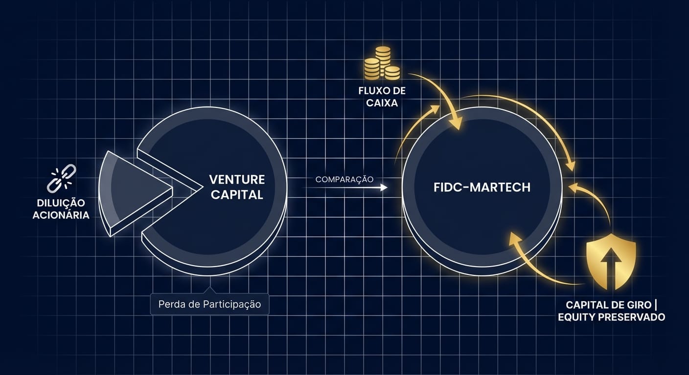 Diagrama comparativo mostrando a diluição acionária no Venture Capital versus a preservação de equity com o FIDC-Martech.