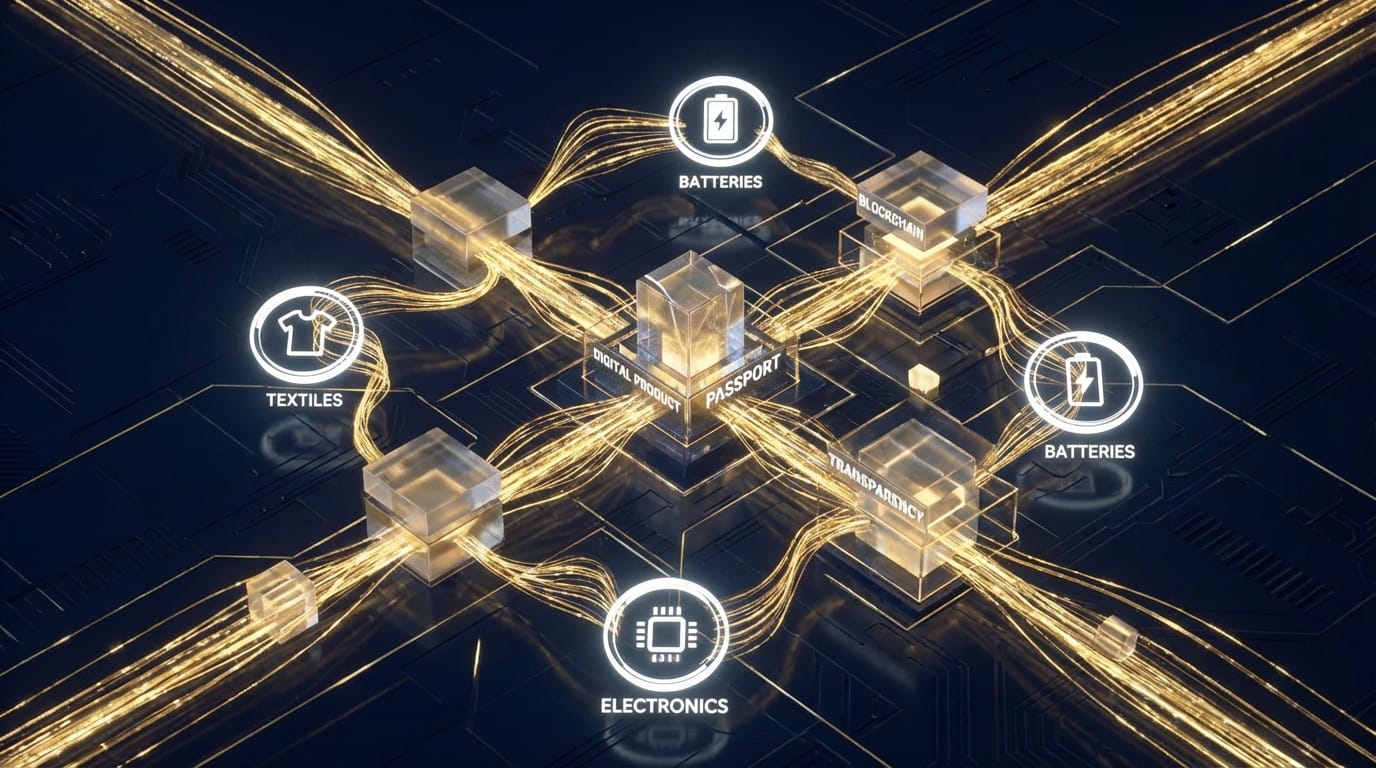 Imagem futurista e abstrata representando o conceito de Passaporte Digital de Produto, com fluxos de dados interconectados e elementos de blockchain em um caminho circular, simbolizando a economia circular.