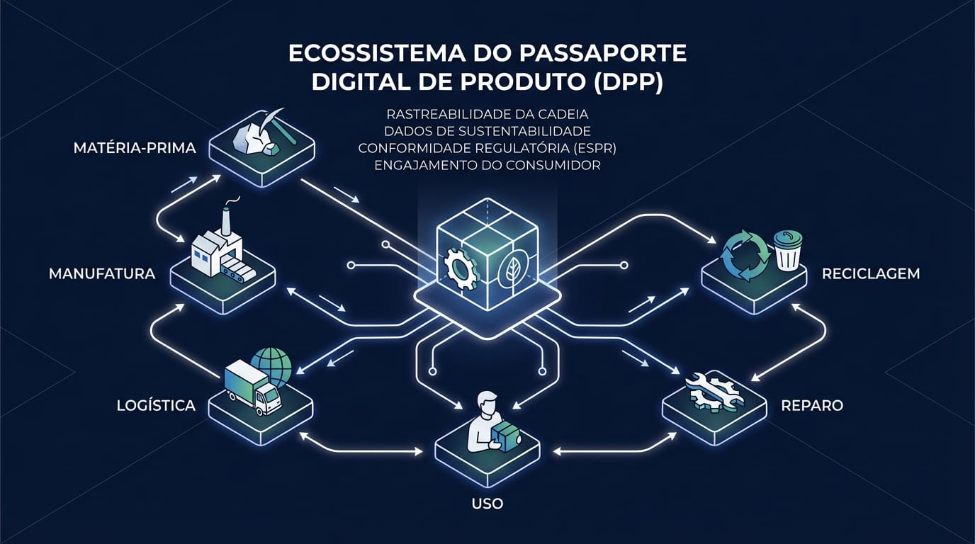 Diagrama ilustrando o ecossistema do Passaporte Digital de Produto (DPP), mostrando a conexão de um produto central a vários pontos de dados em seu ciclo de vida, como matéria-prima, fabricação, logística, uso, reparo e reciclagem.
