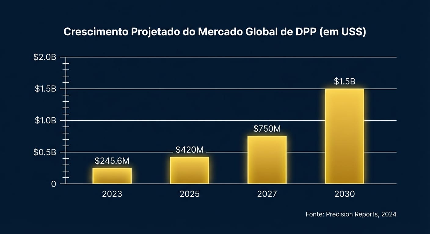 Gráfico de barras mostrando o crescimento projetado do mercado global de Passaporte Digital de Produto (DPP) de $245.6M em 2023 para $1.5B em 2030.