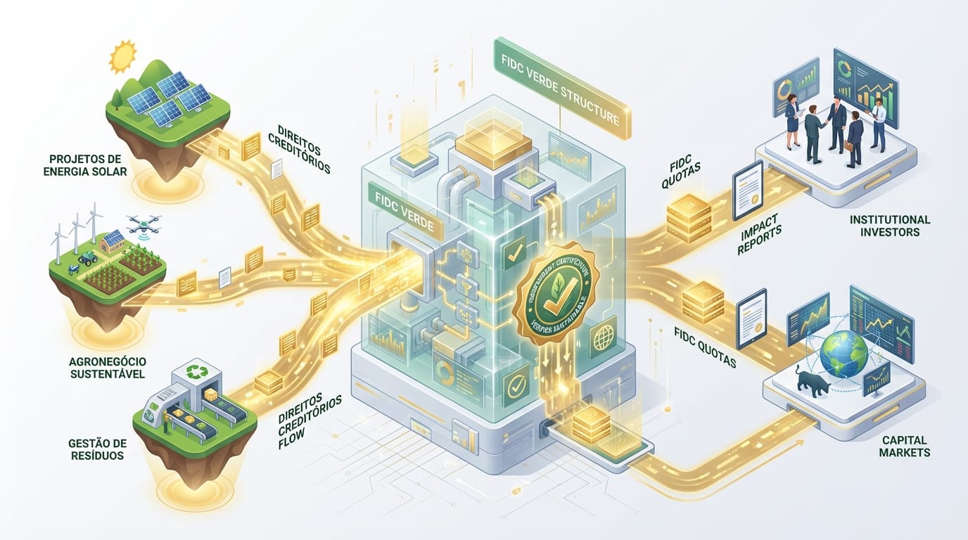 Infográfico 3D detalhando a estrutura de um FIDC Verde, desde a originação de direitos creditórios sustentáveis até a distribuição de cotas para investidores institucionais.