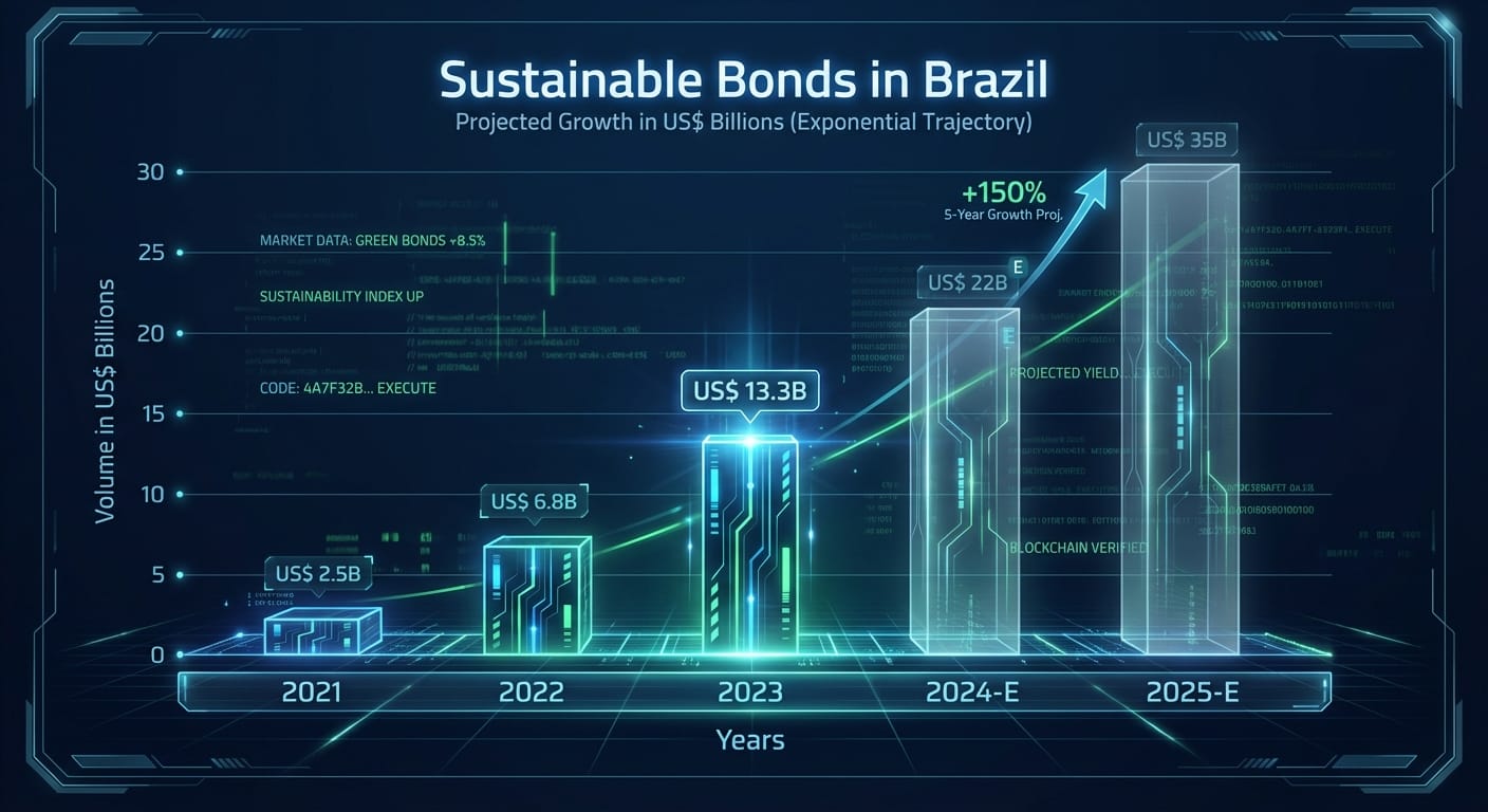 Gráfico de barras futurista mostrando o crescimento exponencial do mercado de Títulos Sustentáveis no Brasil, com a barra de 2023 marcada em US$ 13.3B.