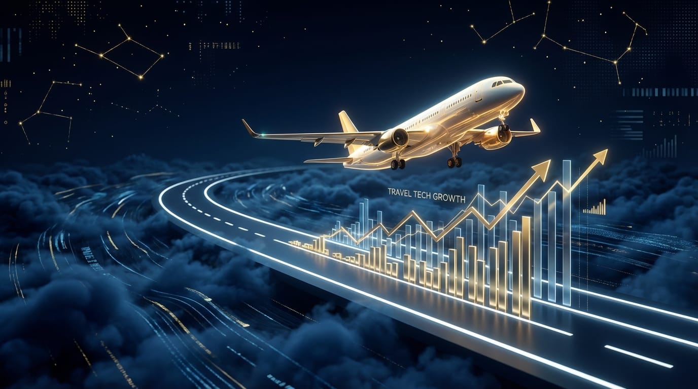 Representação artística de um avião decolando de uma pista feita de gráficos financeiros ascendentes, simbolizando o crescimento do setor de Travel Tech.