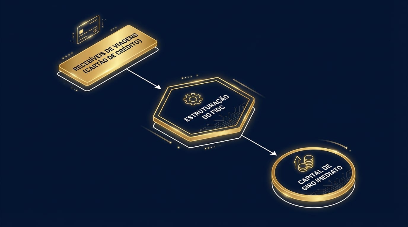 Diagrama de fluxo do processo de securitização para uma Travel Tech, mostrando recebíveis de viagens sendo transformados em capital de giro imediato através de um FIDC.