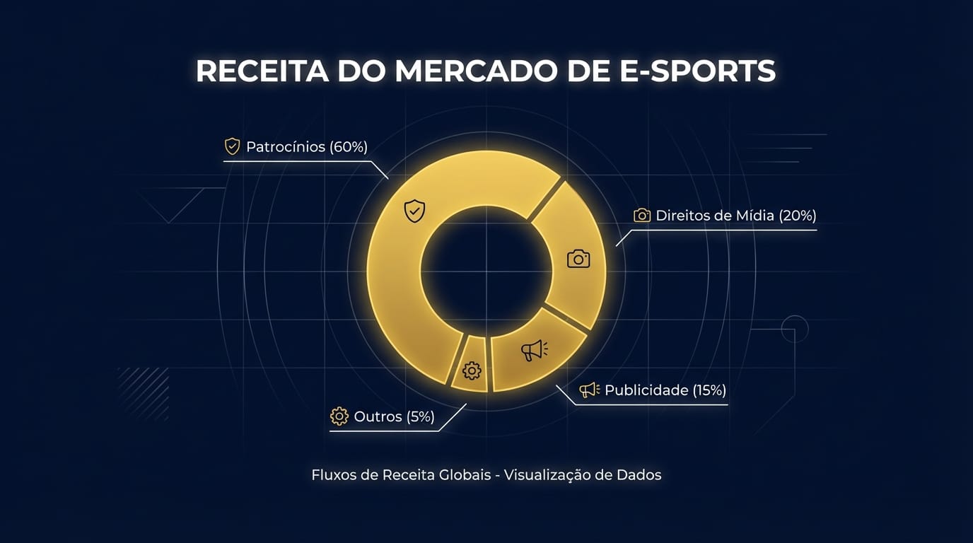Gráfico de pizza detalhando as fontes de receita do mercado de E-sports: Patrocínios (60%), Direitos de Mídia (20%), Publicidade (15%) e Outros (5%).