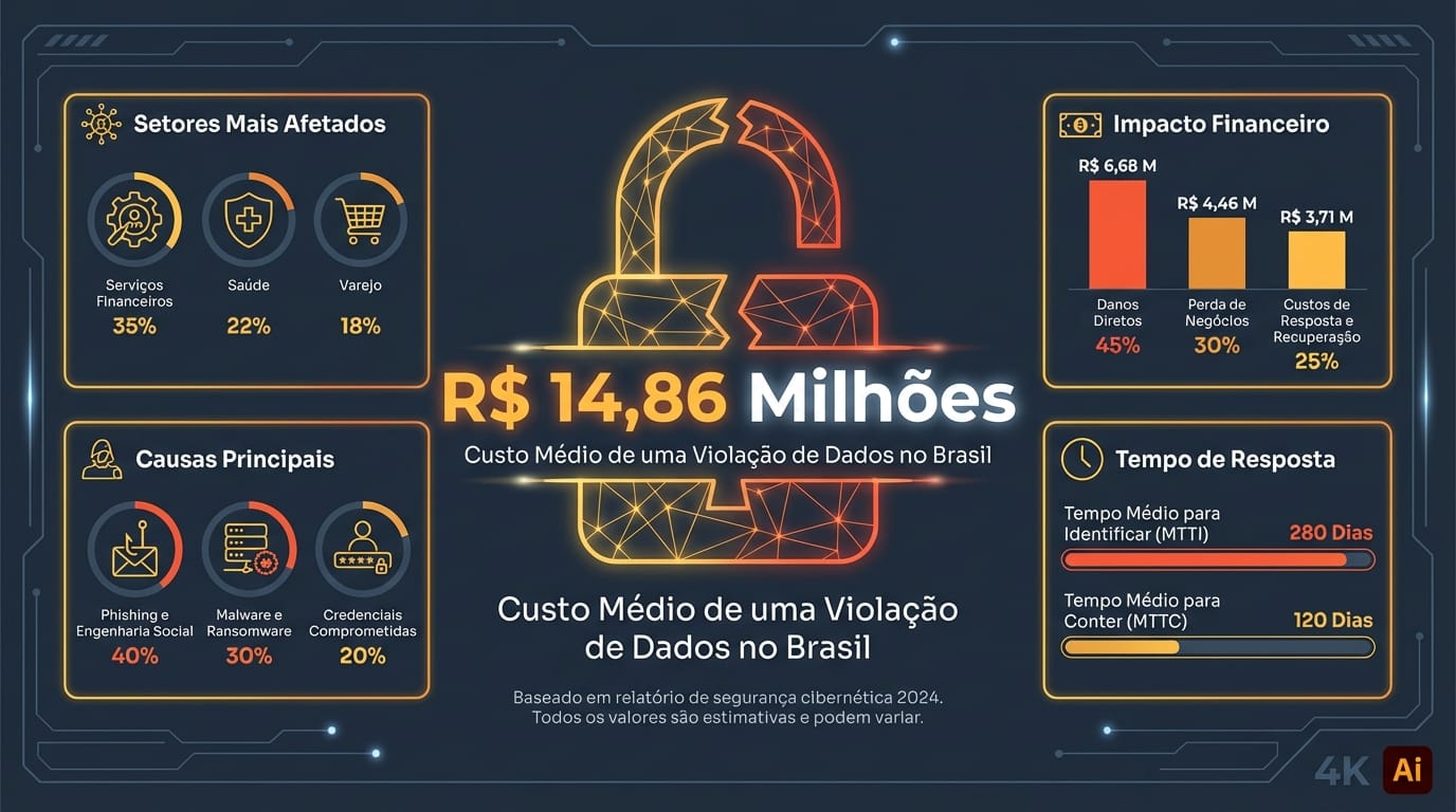 Infográfico com ícone de cadeado quebrado, destacando o valor de R$ 14,86 Milhões como o Custo Médio de uma Violação de Dados no Brasil, com fonte da IBM.