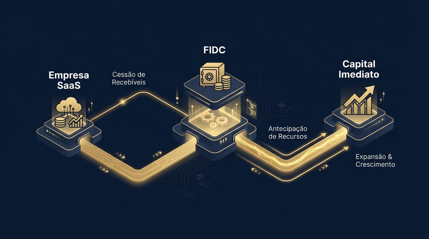 Diagrama de fluxo ilustrando como um FIDC antecipa recebíveis de contratos de assinatura, começando com uma 'Empresa SaaS', passando pelo 'FIDC' que adquire os recebíveis, e resultando em 'Capital Imediato' para a empresa.