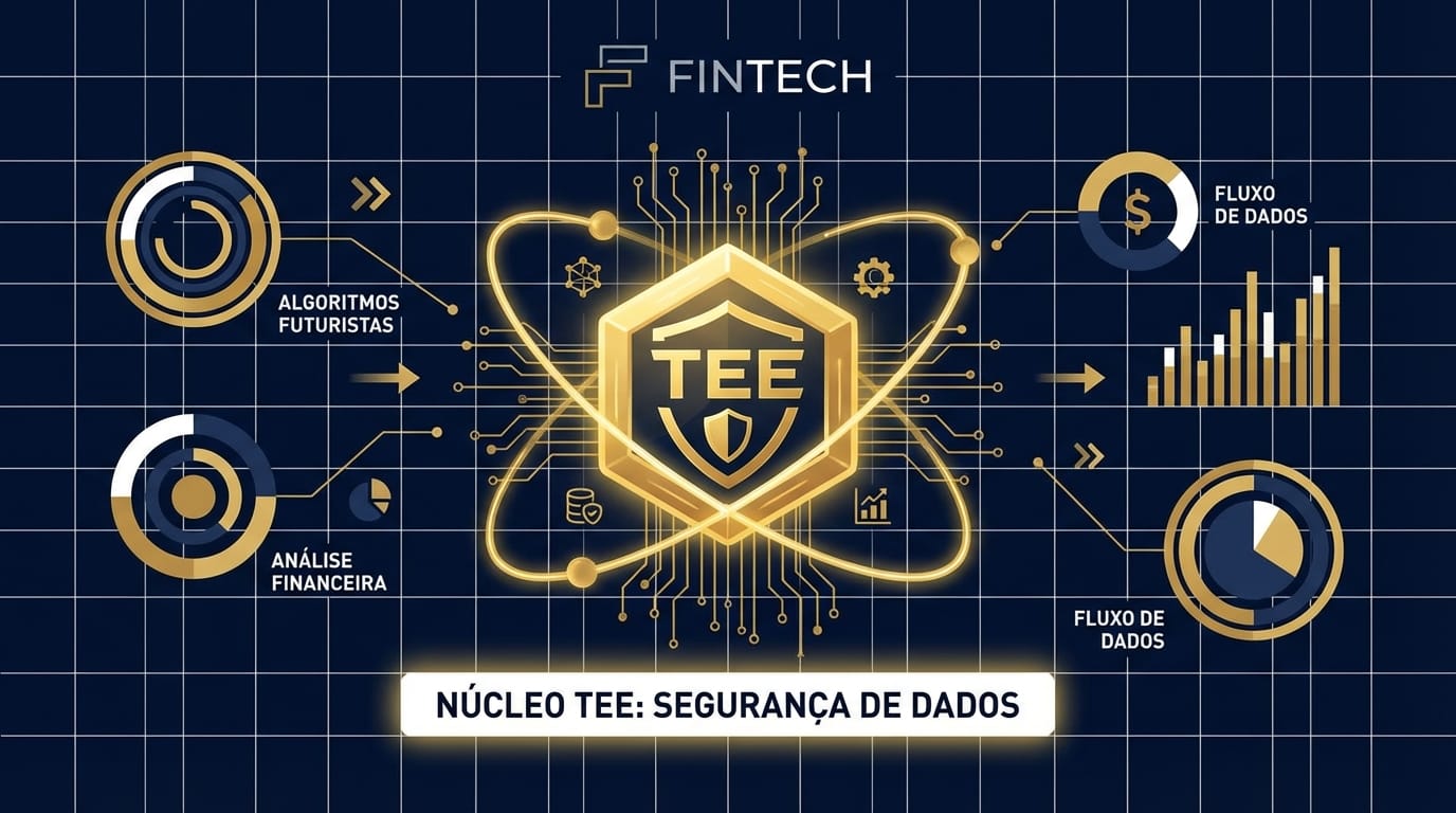 Representação abstrata de um núcleo de dados seguro (Trusted Execution Environment) sendo analisado por algoritmos financeiros, com gráficos ao fundo.