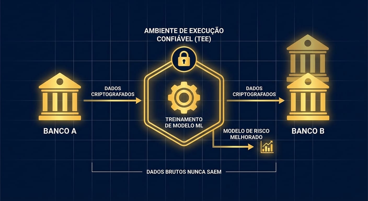 Diagrama de um Data Clean Room, mostrando dois bancos inserindo dados criptografados em um TEE para treinar um modelo de risco de IA sem expor os dados brutos.
