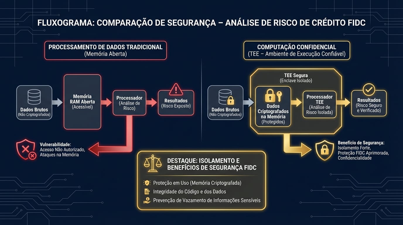 Fluxograma comparando o processamento de dados tradicional, com dados vulneráveis na memória, versus a computação confidencial, que mantém os dados criptografados e isolados em um TEE.