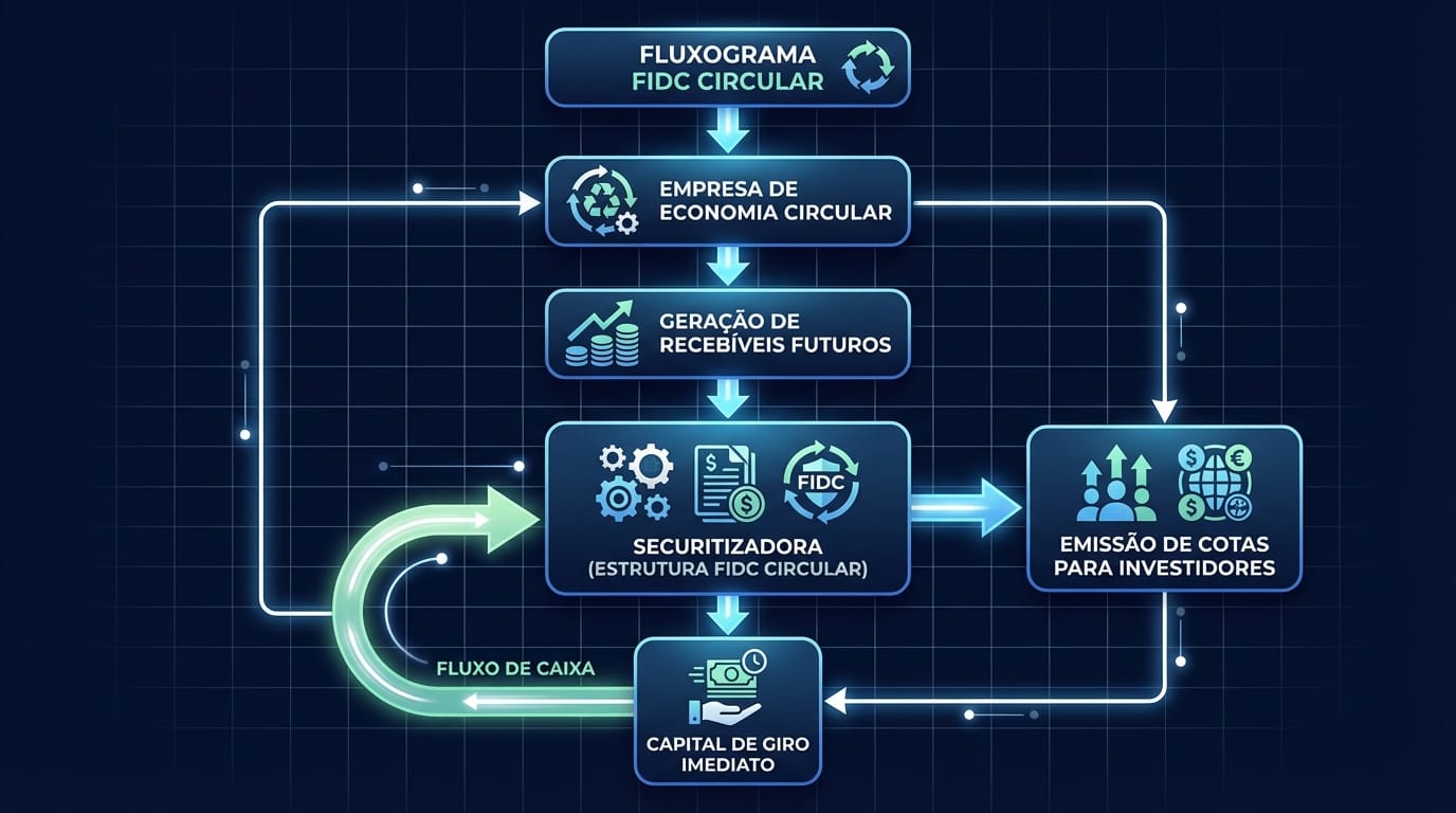 Fluxograma do FIDC Circular, ilustrando como recebíveis de modelos de negócio sustentáveis são securitizados para gerar capital de giro imediato para empresas de economia circular.