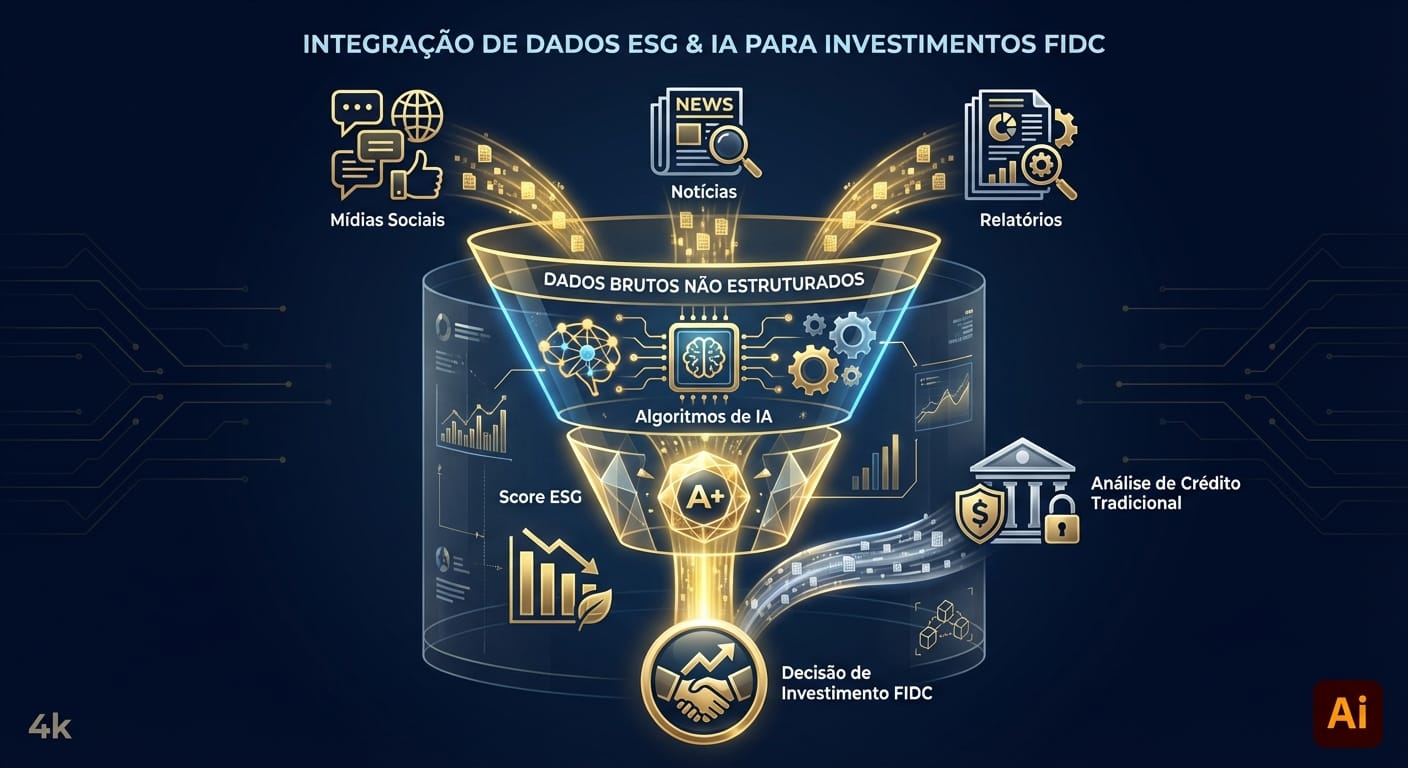 Infográfico mostrando um funil de dados ESG, desde a coleta de dados brutos até a integração em uma análise de crédito para um FIDC.