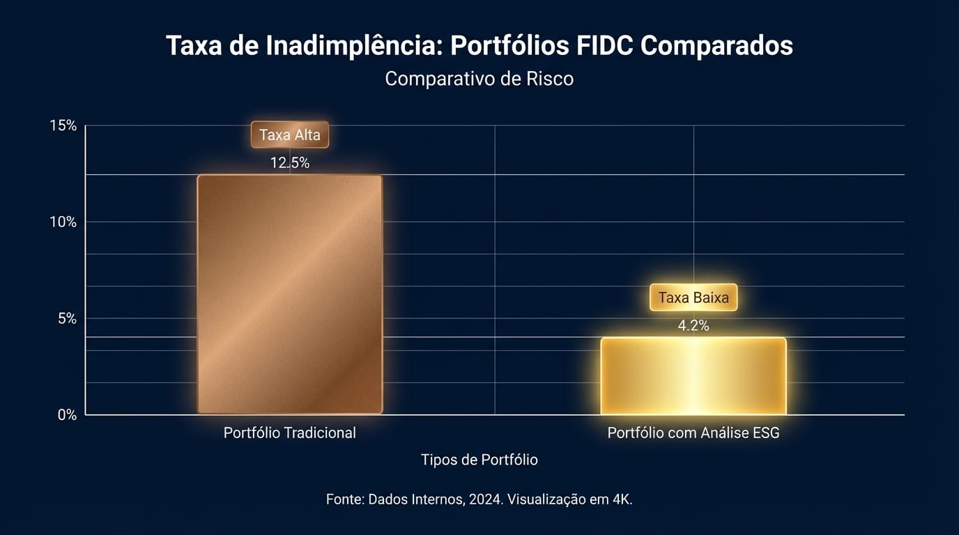 Gráfico de barras comparativo mostrando a menor taxa de inadimplência em portfólios de FIDC com análise ESG em comparação com portfólios tradicionais.
