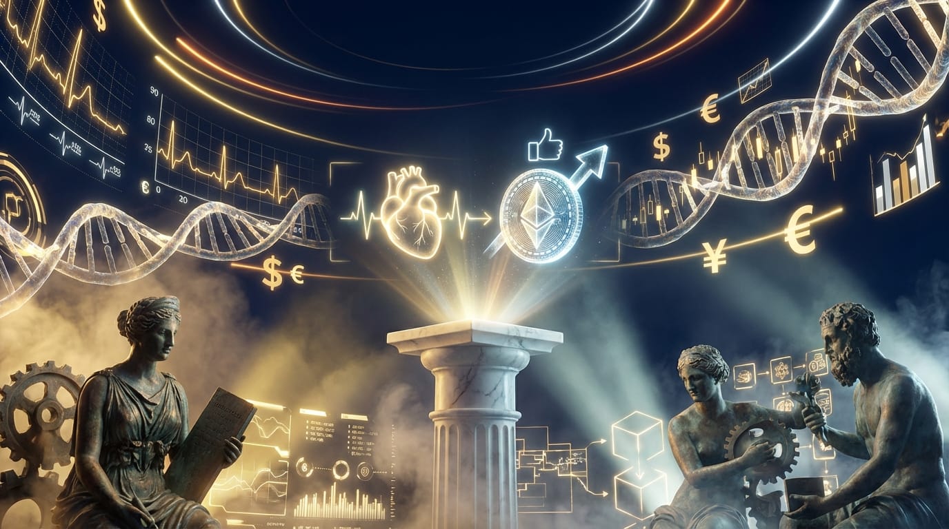 Imagem conceitual futurista representando a fusão de dados de saúde, como moléculas de DNA e gráficos de sinais vitais, com estruturas financeiras, como símbolos de moeda e gráficos de mercado. A estética é limpa, com tons de azul, verde e branco, transmitindo inovação e confiança. O foco central é um holograma de um coração saudável sendo convertido em um ativo digital.