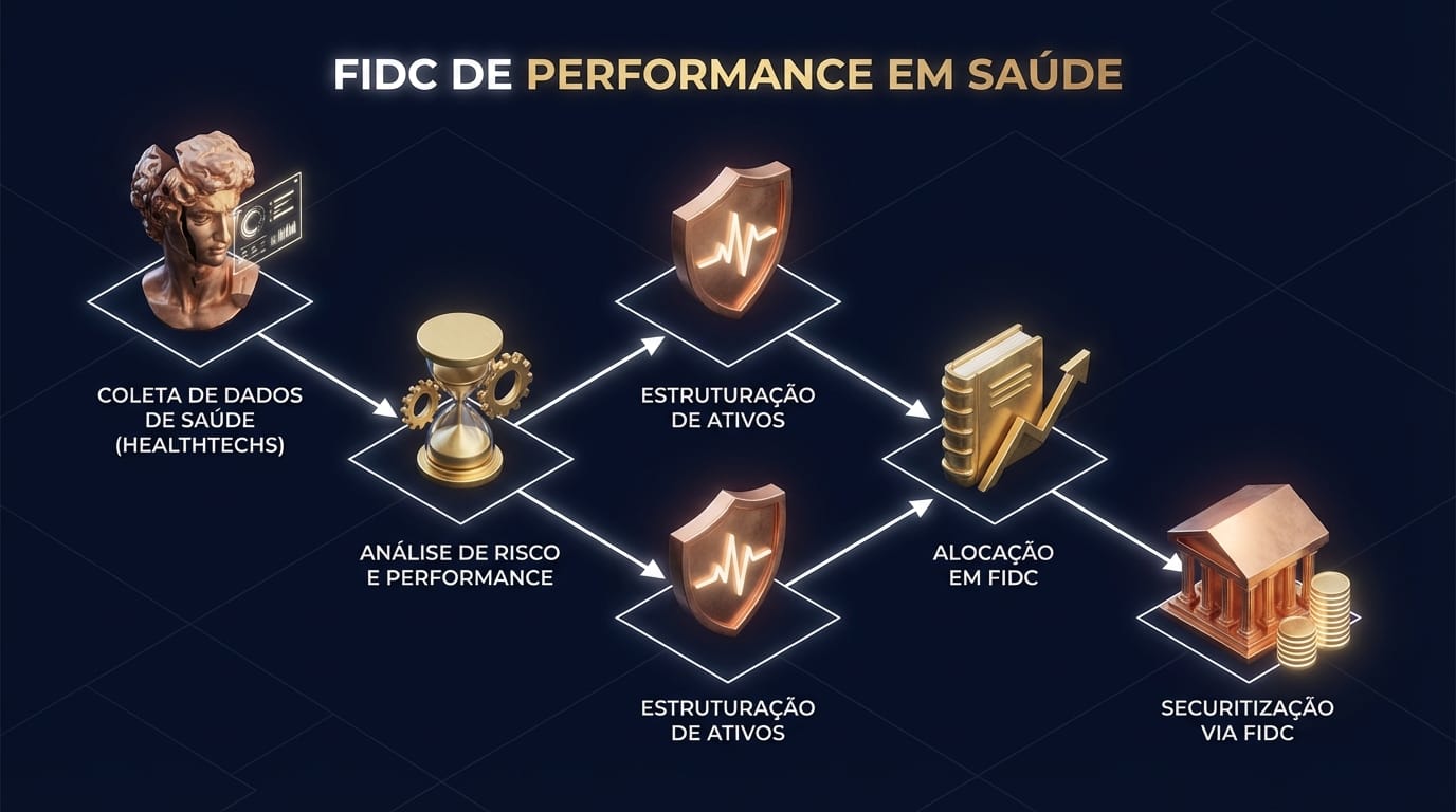 Diagrama de fluxo de processo ilustrando o funcionamento de um 'FIDC de Performance em Saúde'. O fluxo começa com 'Coleta de Dados de Saúde (HealthTechs)', passa por 'Análise de Outcomes (IA)', 'Validação de Performance', 'Geração de Direitos Creditórios de Performance', e termina com 'Securitização via FIDC'. O design é claro e corporativo, com ícones para cada etapa.