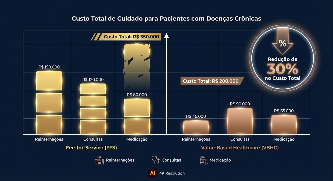 Gráfico de barras comparativo mostrando o 'Custo Total de Cuidado' para um paciente crônico em dois modelos: 'Fee-for-Service' (barras mais altas e fragmentadas) vs. 'Value-Based Healthcare' (barra única e mais baixa). O gráfico destaca uma 'Redução de 30% no Custo Total' e inclui rótulos como 'Reinternações', 'Consultas' e 'Medicação'.