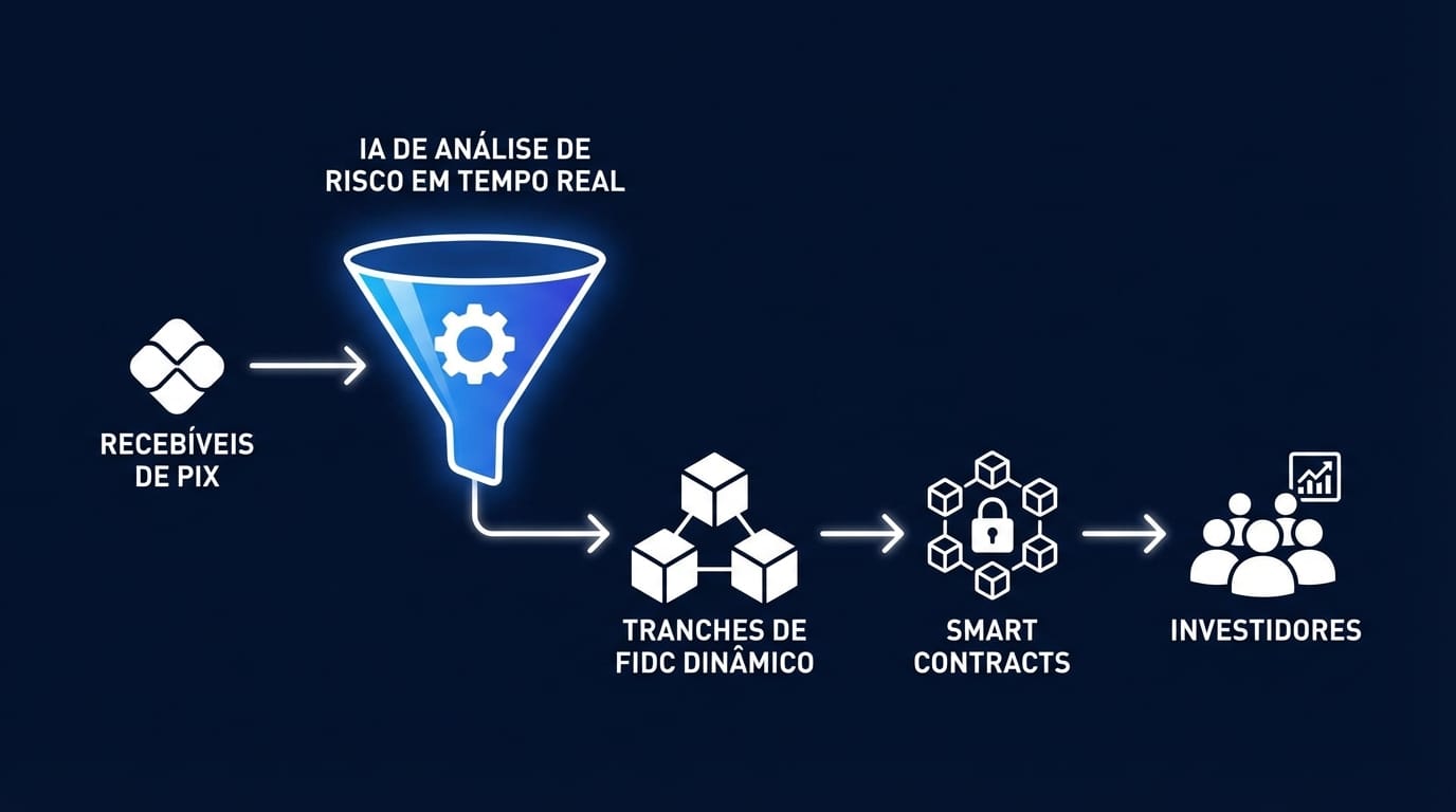 Diagrama de fluxo do FIDC Dinâmico, mostrando a conversão de recebíveis Pix em tranches de FIDC via IA e Smart Contracts
