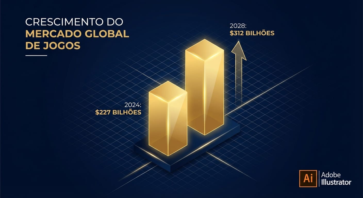 Gráfico de barras 3D ilustrando o crescimento projetado do mercado global de games de US$ 227 bilhões em 2023 para US$ 312 bilhões em 2027, com design moderno e fundo digital.
