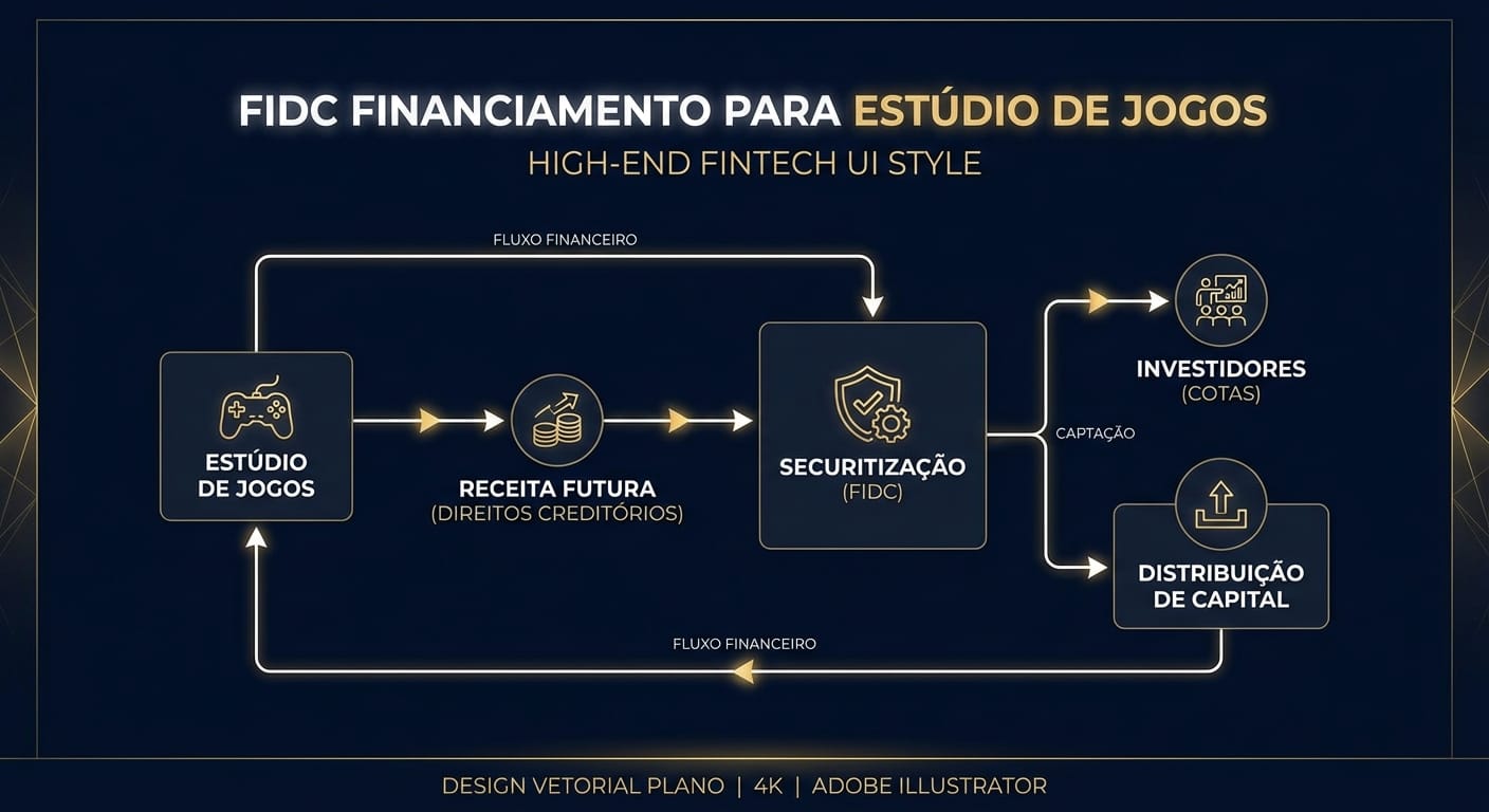 Diagrama de fluxo mostrando como um FIDC pode financiar um estúdio de games, partindo de receitas futuras, passando pela securitização no FIDC-GameTech e resultando em capital para o estúdio e cotas para investidores.