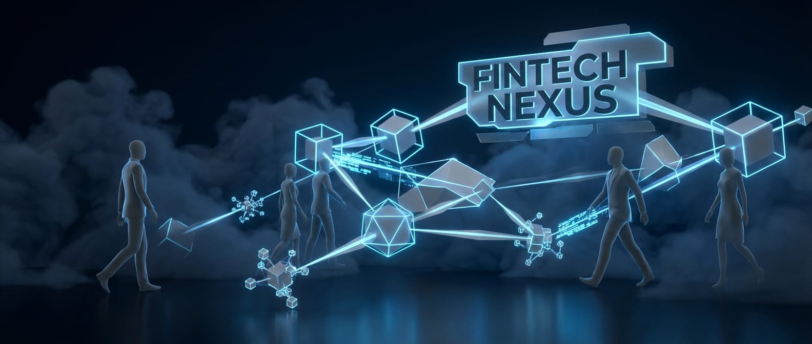 Imagem abstrata representando a conexão entre RH, tecnologia fintech e o mercado financeiro de FIDCs, com paleta de cores azul e cinza.