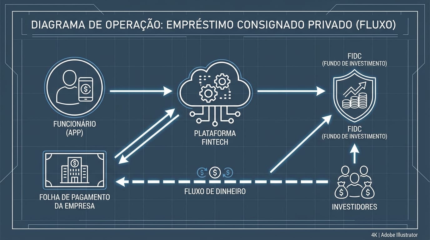 Diagrama do fluxo de operação do crédito consignado privado via FIDC e HR Tech.
