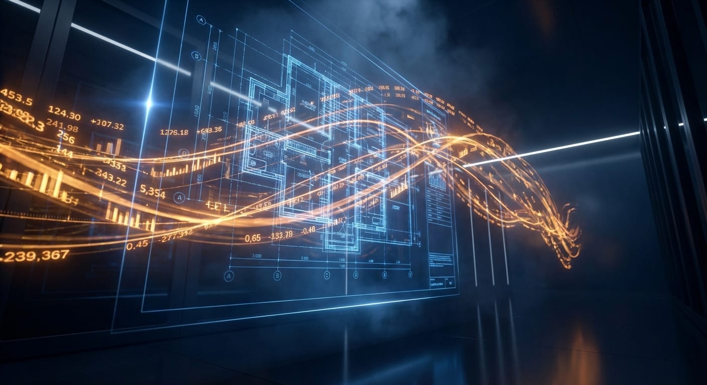 Representação abstrata da intersecção entre plantas de construção digitalizadas e fluxos de dados financeiros, simbolizando a união da engenharia com o mercado de capitais.