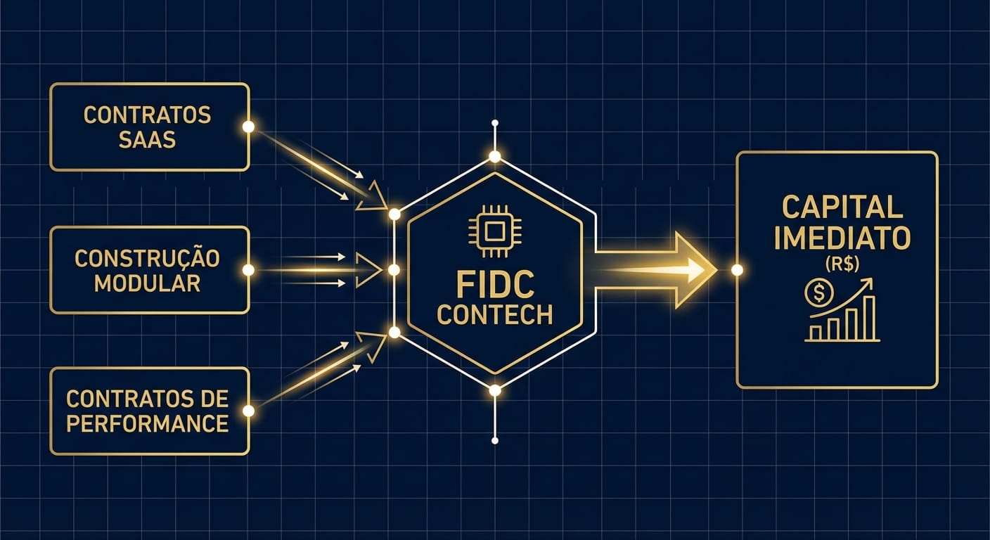 Diagrama de fluxo mostrando como recebíveis de Contechs (SaaS, Construção Modular, Performance) são securitizados via FIDC para gerar capital imediato.