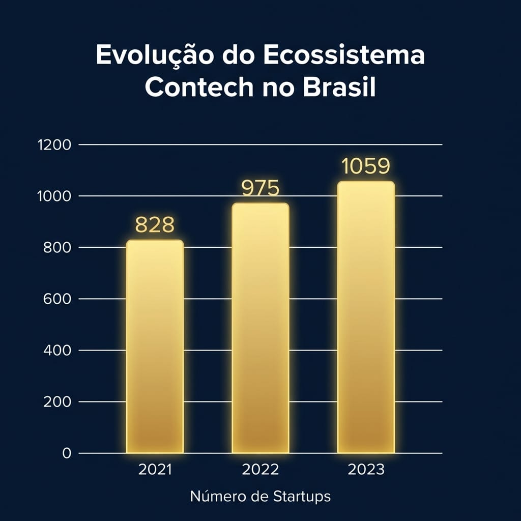 Gráfico de barras vertical mostrando o crescimento do número de Contechs no Brasil de 2021 a 2023.
