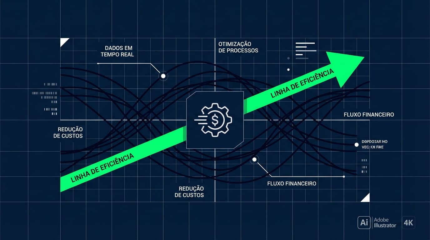 Representação abstrata de um processo financeiro sendo otimizado, com uma linha verde representando a eficiência Lean cortando através de linhas caóticas.