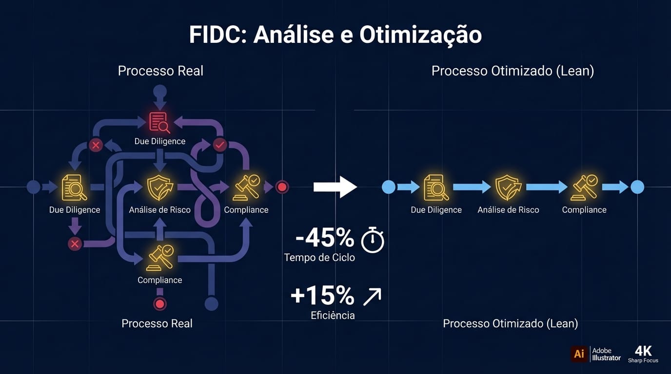 Diagrama ilustrando a otimização de processos de um FIDC via Process Mining, mostrando a transição de um fluxo complexo para um fluxo linear e eficiente, com métricas de redução de tempo de ciclo e aumento de eficiência.