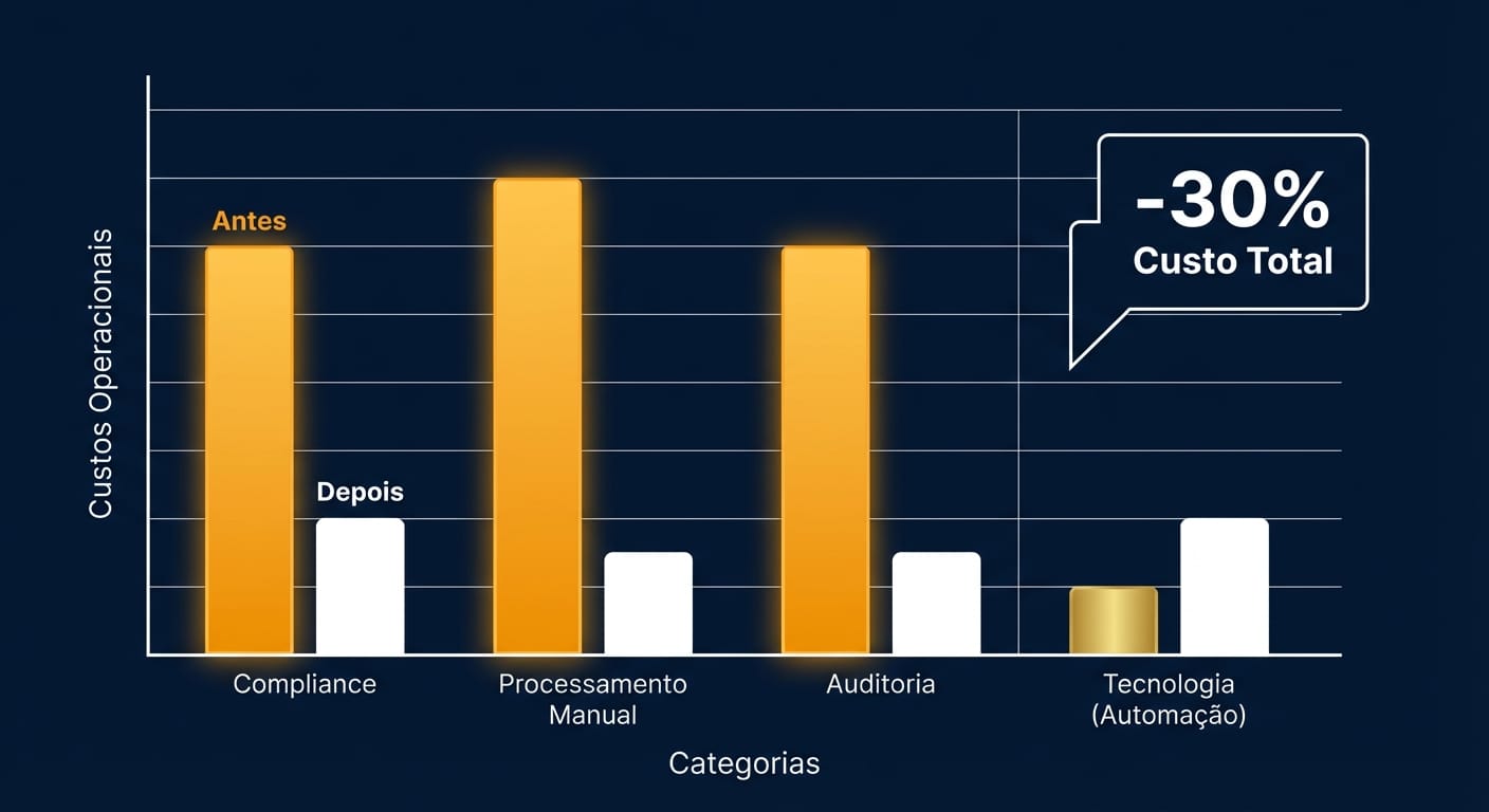 Gráfico de barras comparando o custo operacional antes e depois da implementação de princípios Lean, mostrando uma redução significativa nos custos de compliance, processamento manual e auditoria.