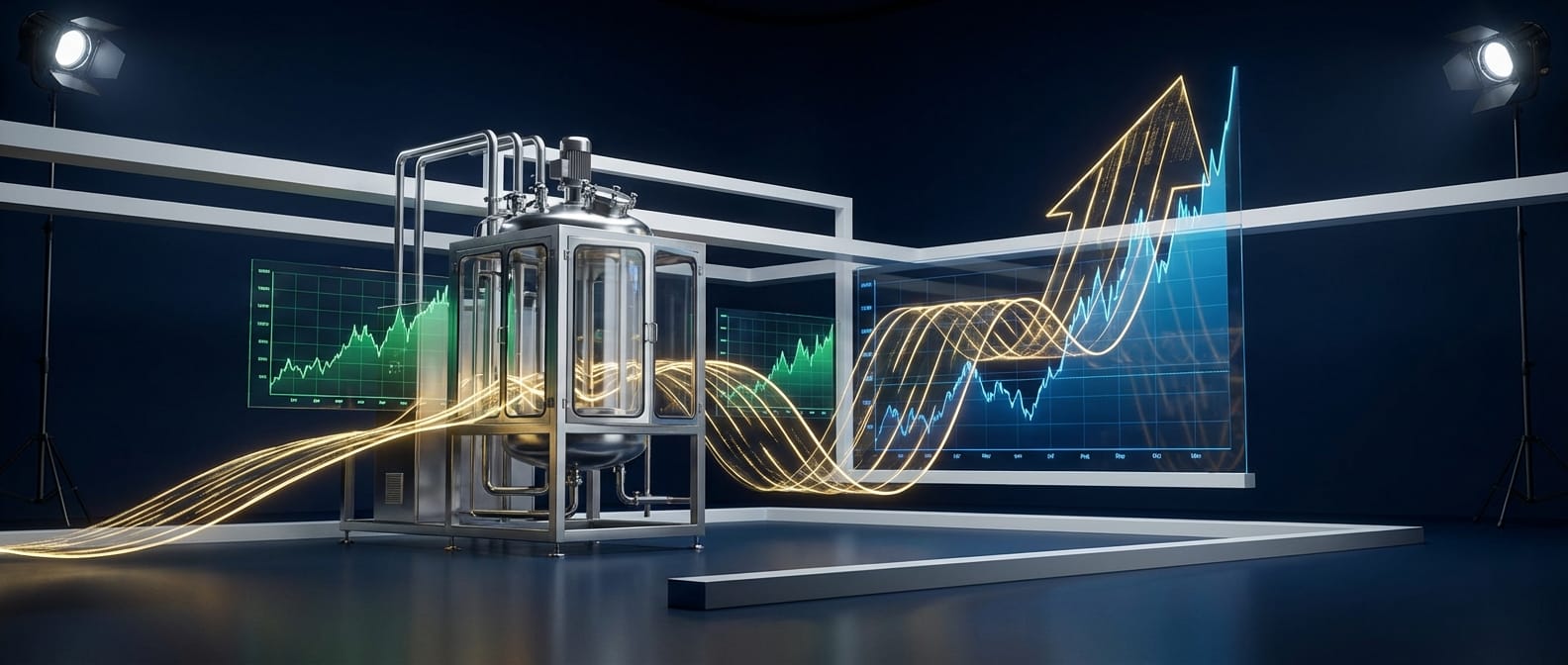 Imagem conceitual minimalista de um biorreator de aço inoxidável fundido com gráficos de mercado financeiro crescentes, em tons de verde-biotecnologia e azul-corporativo, renderização 3D fotorrealista.