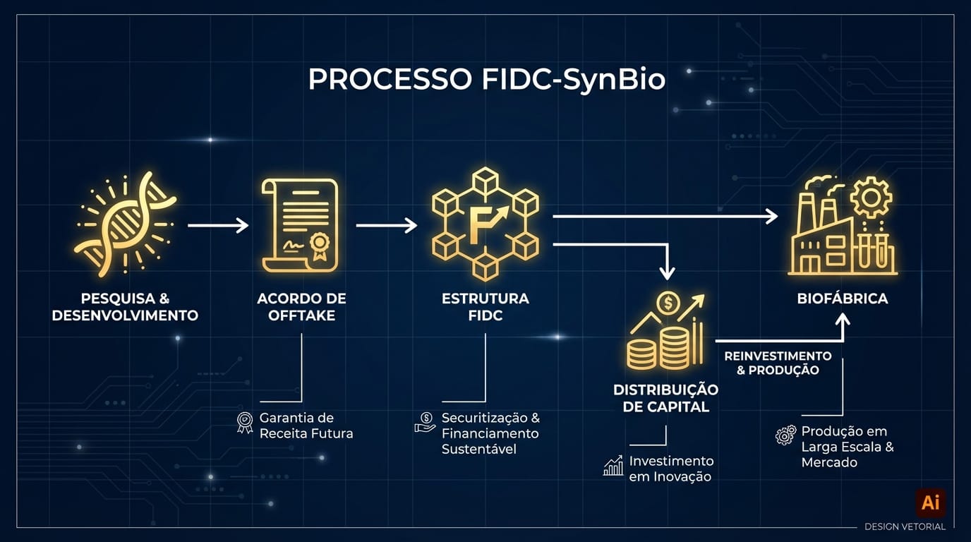Infográfico 3D ilustrando o fluxo de um FIDC-SynBio, mostrando a transformação de DNA em um Offtake Agreement, que estrutura um FIDC para financiar uma bio-fábrica.