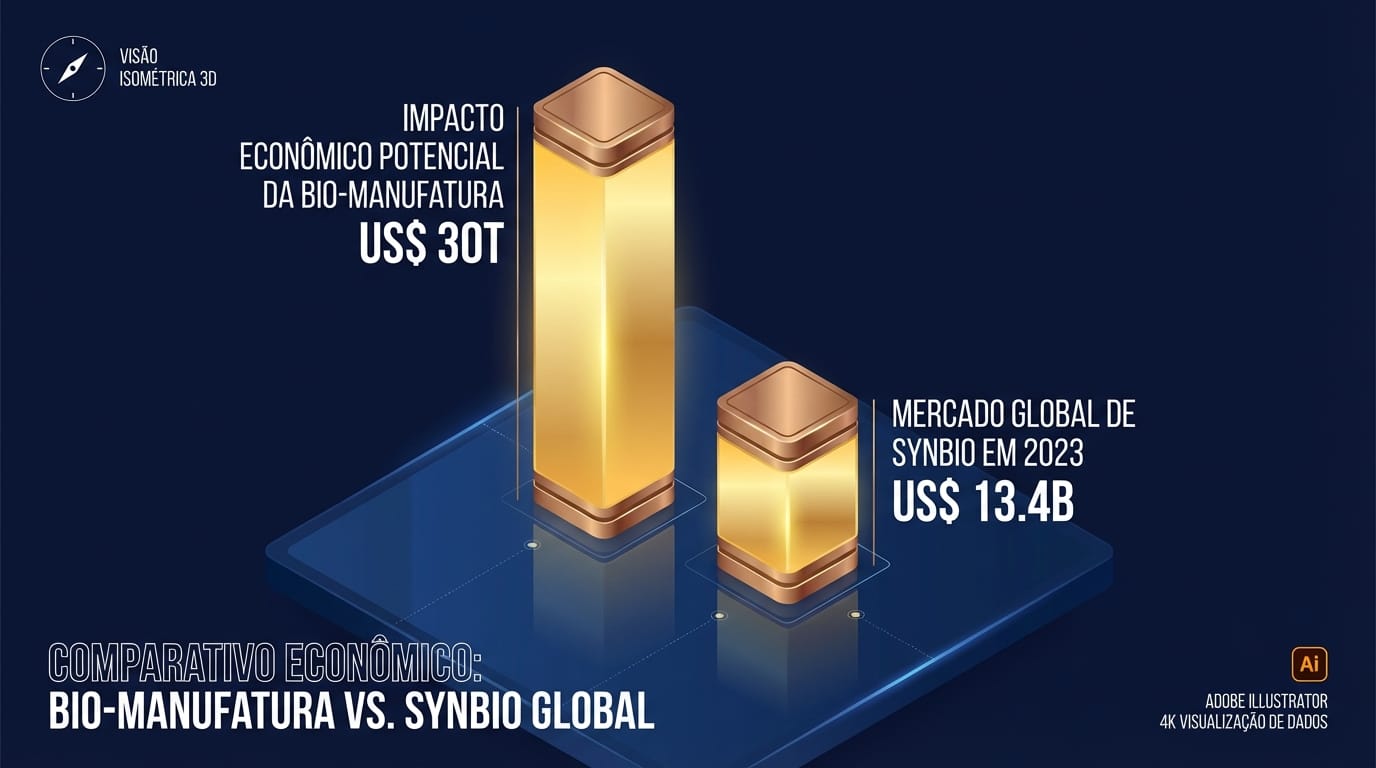 Gráfico de barras 3D comparando o 'Impacto Econômico Potencial da Bio-Manufatura (US$ 30T)' com o 'Mercado Global de SynBio em 2023 (US$ 13.4B)', destacando a escala da oportunidade futura.