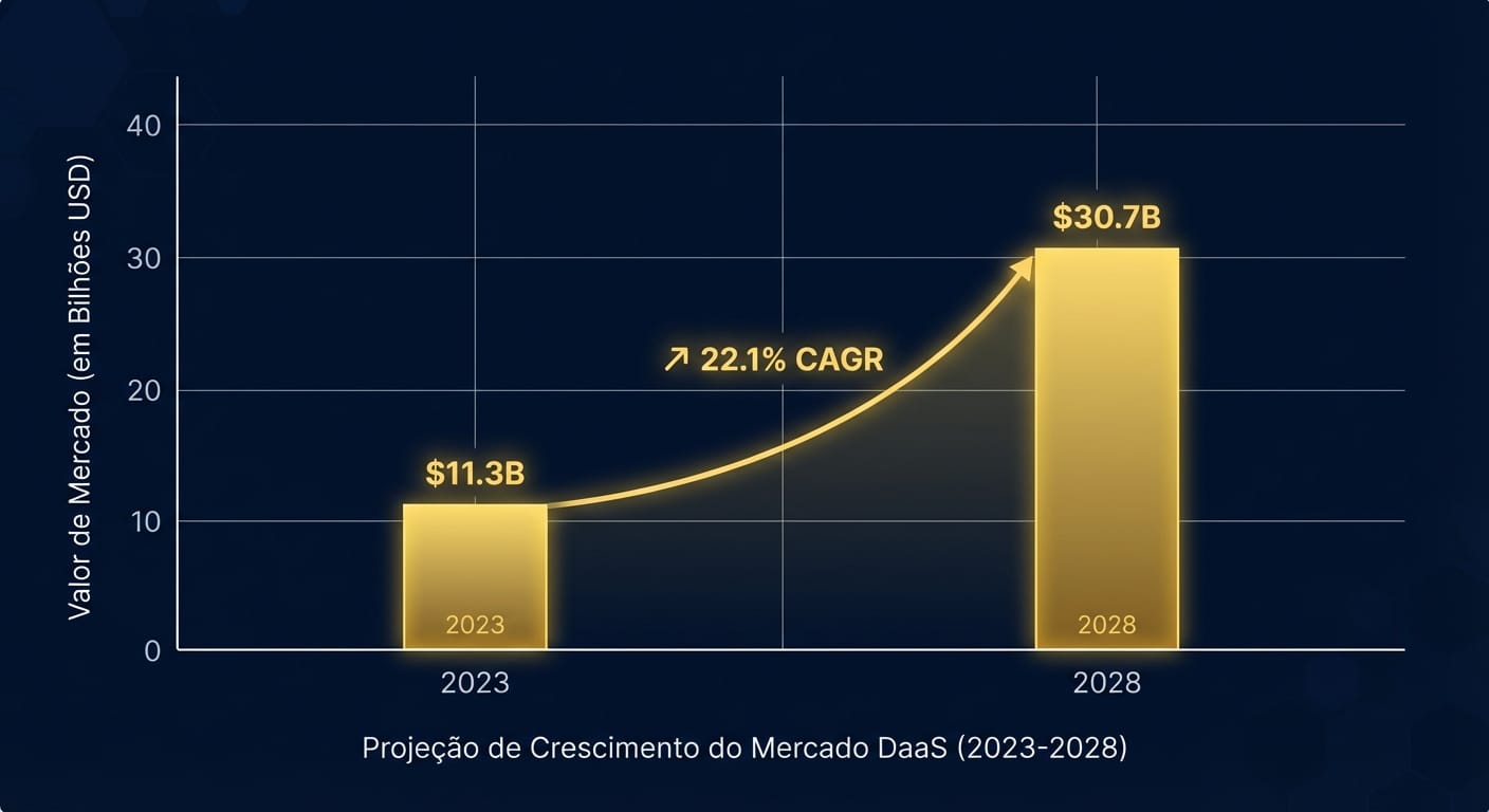 Gráfico de barras comparativo mostrando o crescimento projetado do mercado DaaS de $11.3B em 2023 para $30.7B em 2028, com um CAGR de 22.1%.
