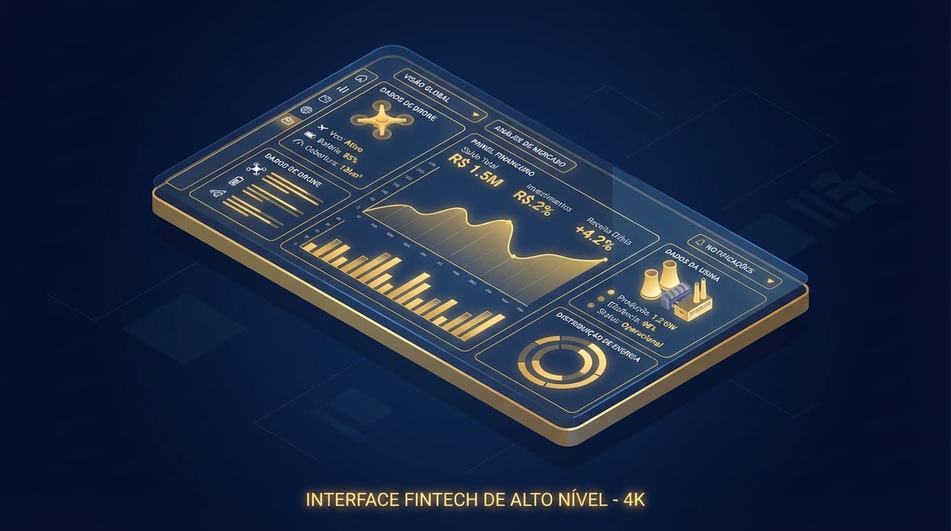 Imagem conceitual futurista de um drone autônomo sobrevoando uma infraestrutura crítica, com sobreposição de gráficos financeiros digitais, representando a fusão de tecnologia, dados e finanças estruturadas.
