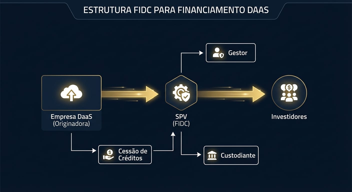 Fluxograma claro ilustrando a estrutura de um FIDC-DaaS, mostrando como uma empresa de drones cede seus contratos de serviço para um FIDC, que emite cotas para investidores e paga pela cessão, financiando a operação.